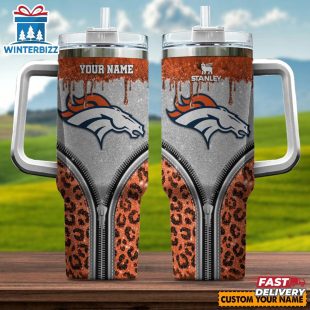 Custom Name Denver Broncos Leopard Stainless Steel Tumbler 40Oz With Handle