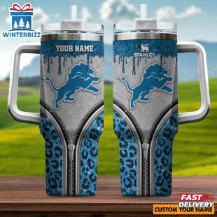 Custom Name Detroit Lions Leopard Stainless Steel Tumbler 40Oz With Handle