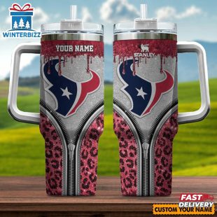 Custom Name Houston Texans Leopard Stainless Steel Tumbler 40Oz With Handle