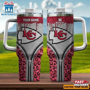 Custom Name Kansas City Chiefs Leopard Stainless Steel Tumbler 40Oz With Handle