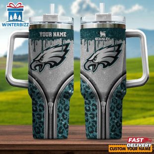 Custom Name Philadelphia Eagles Leopard Stainless Steel Tumbler 40Oz With Handle