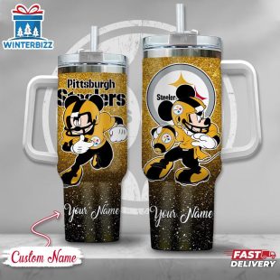 Custom Name Pittsburgh Steelers NFL Mickey Mouse Stainless Steel Tumbler 40Oz With Handle