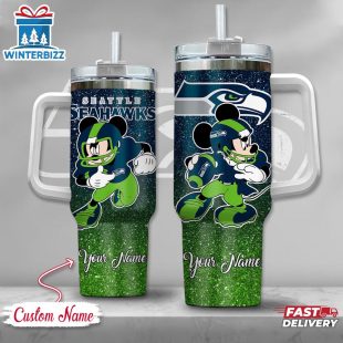 Custom Name Seattle Seahawks NFL Mickey Mouse Stainless Steel Tumbler 40Oz With Handle