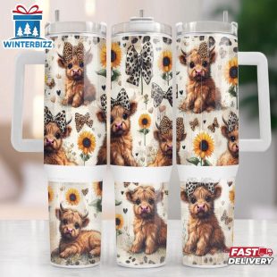 Baby Highland Cow Sunflower Leopard Stainless Steel Tumbler 40Oz With Handle