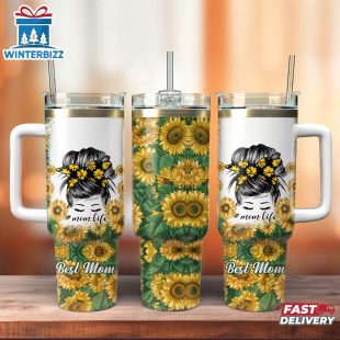 Mom Life Best Mom Ever Sunflower Stainless Steel Tumbler 40Oz With Handle