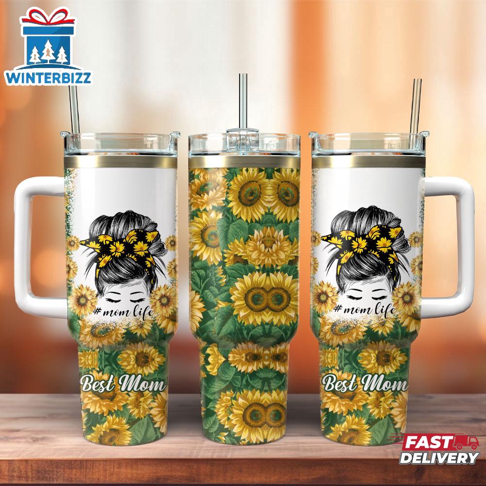 Mom Life Best Mom Ever Sunflower Stainless Steel Tumbler 40Oz With Handle Mom Life Best Mom Ever Sunflower Stainless Steel Tumbler 40Oz With Handle