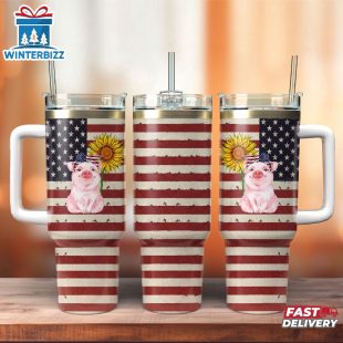 Patriotic Pig Sunflower American Flag Stainless Steel Tumbler 40Oz With Handle