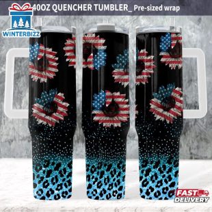 Patriotic Sunflowers Glitter Leopard Stainless Steel Tumbler 40Oz With Handle