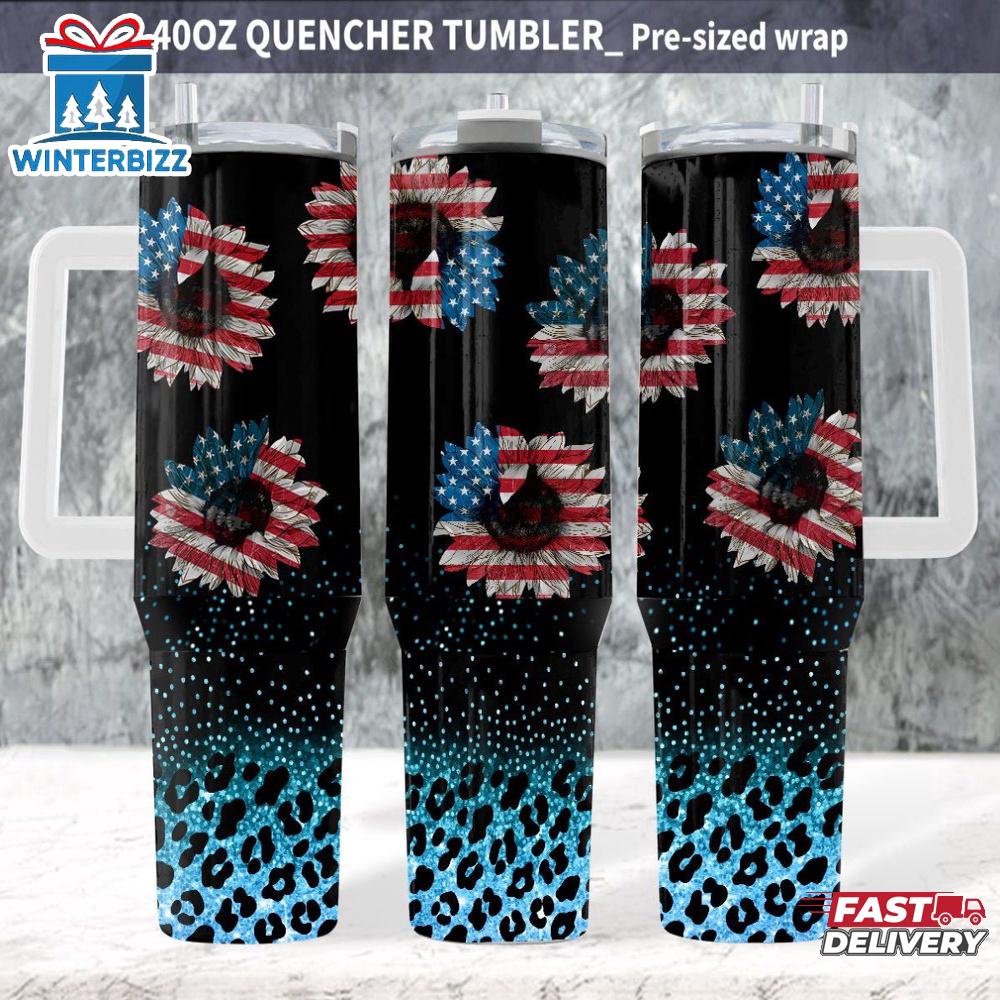 Patriotic Sunflowers Glitter Leopard Stainless Steel Tumbler 40Oz With Handle Patriotic Sunflowers Glitter Leopard Stainless Steel Tumbler 40Oz With Handle