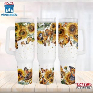 Sunflower Butterflies Pattern Stainless Steel Tumbler 40Oz With Handle