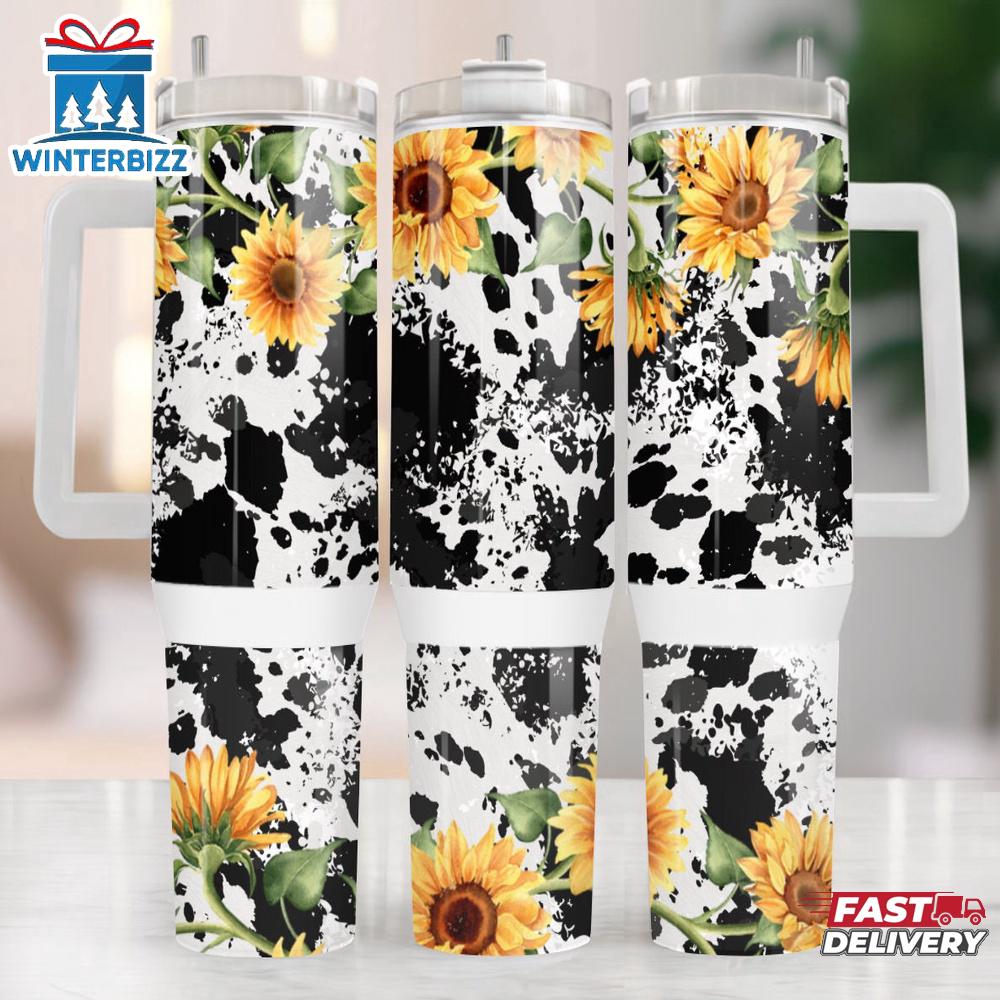 Sunflower Cow Stainless Steel Tumbler 40Oz With Handle Sunflower Cow Stainless Steel Tumbler 40Oz With Handle