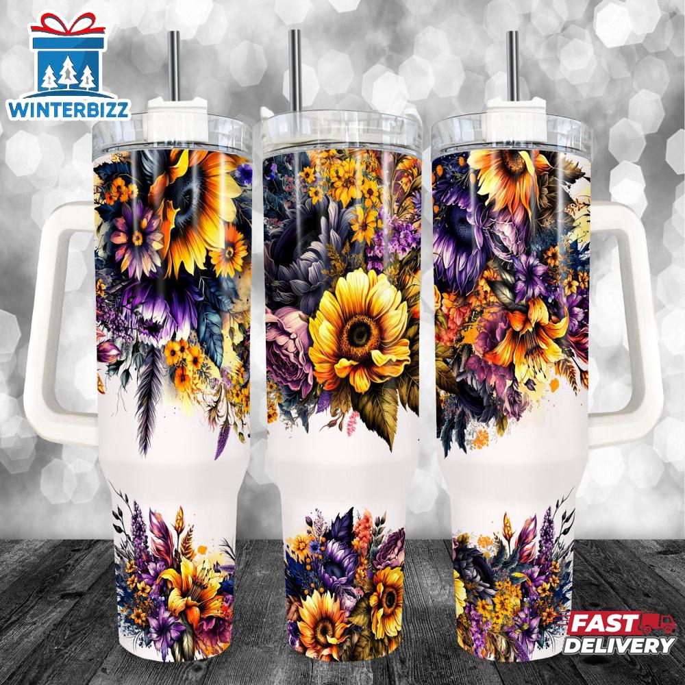 Sunflower Floral Stainless Steel Tumbler 40Oz With Handle Sunflower Floral Stainless Steel Tumbler 40Oz With Handle
