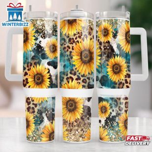 Sunflower Glitter Leopard Stainless Steel Tumbler 40Oz With Handle