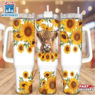Sunflower Highland Cow Stainless Steel Tumbler 40Oz With Handle