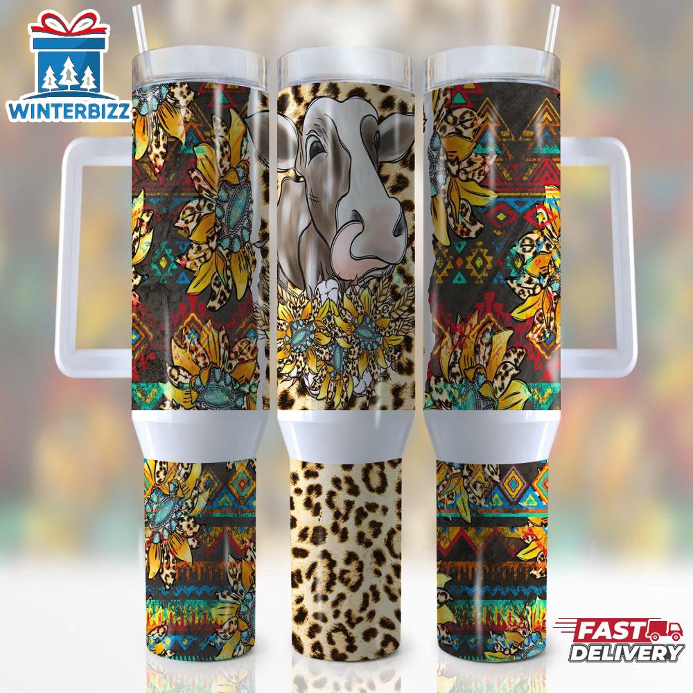 Sunflower Holstein Cow Stainless Steel Tumbler 40Oz With Handle Sunflower Holstein Cow Stainless Steel Tumbler 40Oz With Handle