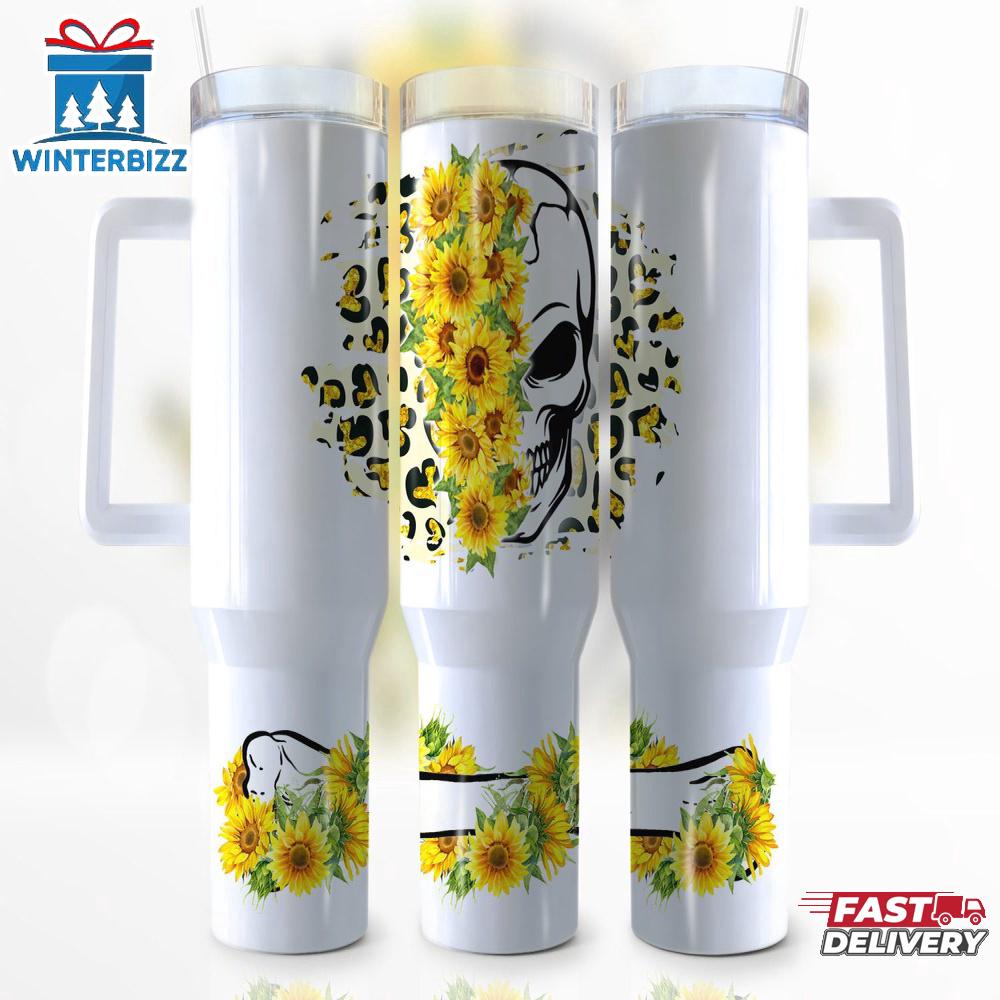 Sunflower Skull Pattern Stainless Steel Tumbler 40Oz With Handle Sunflower Skull Pattern Stainless Steel Tumbler 40Oz With Handle