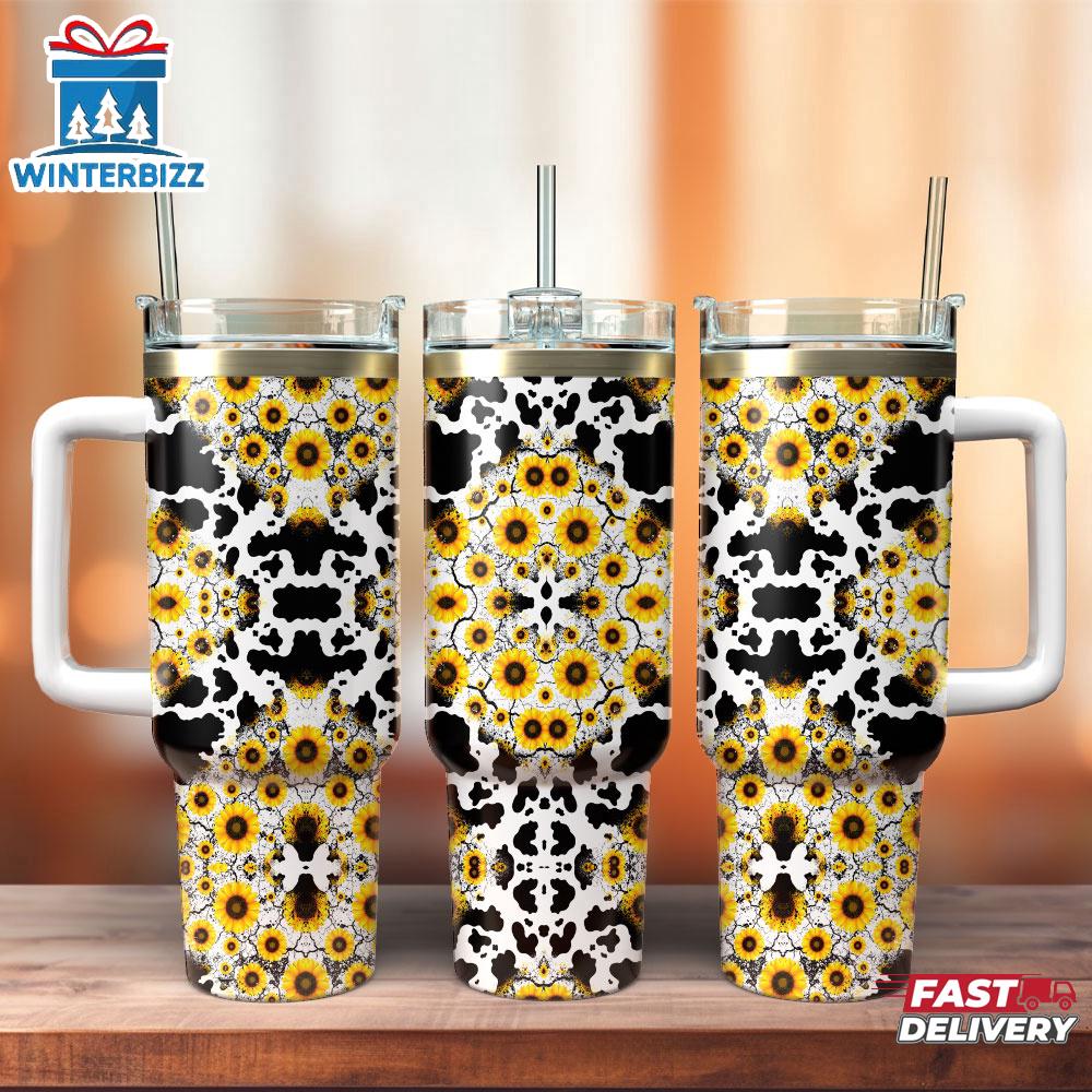 Sunflowers Leopard Pattern Stainless Steel Tumbler 40Oz With Handle Sunflowers Leopard Pattern Stainless Steel Tumbler 40Oz With Handle