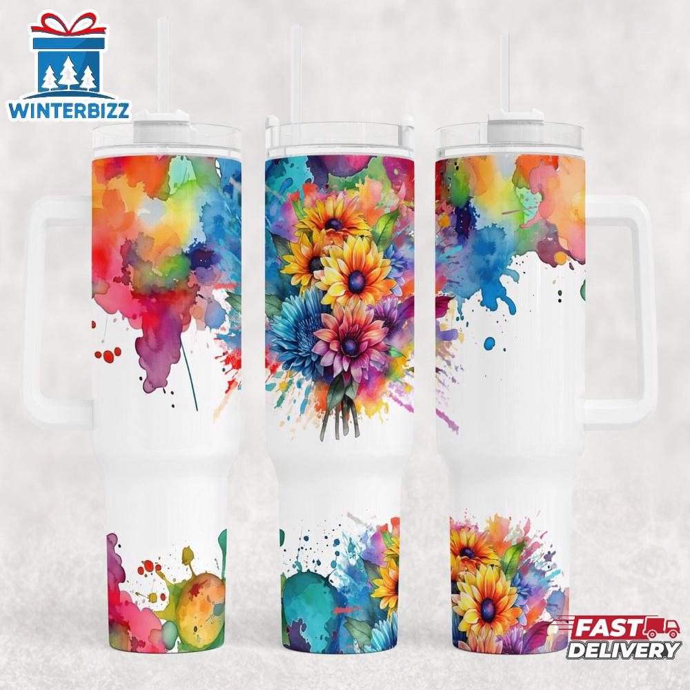 Watercolor Sunflowers Stainless Steel Tumbler 40Oz Handle Watercolor Sunflowers Stainless Steel Tumbler 40Oz Handle