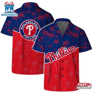 Philadelphia Phillies Team Logo Palm Leaf Pattern Summer Hawaiian Shirt