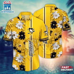 Pittsburgh Penguins Golden Stripe Floral Summer Hawaiian Shirt